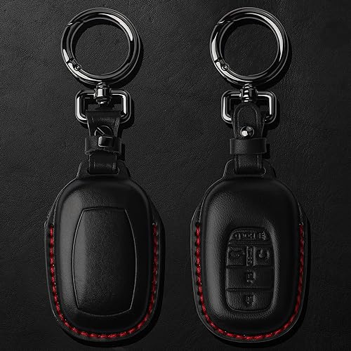 Tukellen for Honda Key Fob Cover Leather,with Keychain Compatible with 2022 2023 2024 2025 Accord Civic HR-V CR-V Pilot,5 Buttons smart Remote Key-Black(Red line) by Tukellen - Image 3