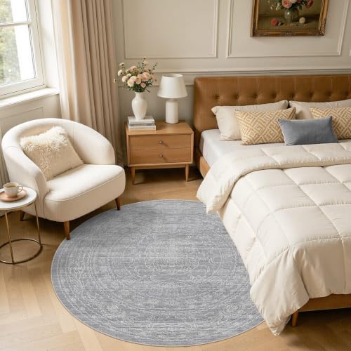 DMOYEST Teppich Rund 150 cm Grau Vintage Waschbar – Ansicht 2