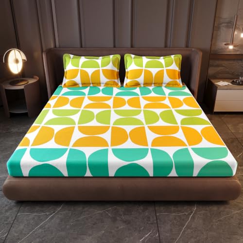 Image of Divine Casa Cotton King Size Bedsheet | 210 TC Soft Breathable Pigment Twill Satin Bed Sheet with 2 Pillow Covers | Luxury Bedding Set | 275 x 275 cm (Green & Blue, Gemetic)