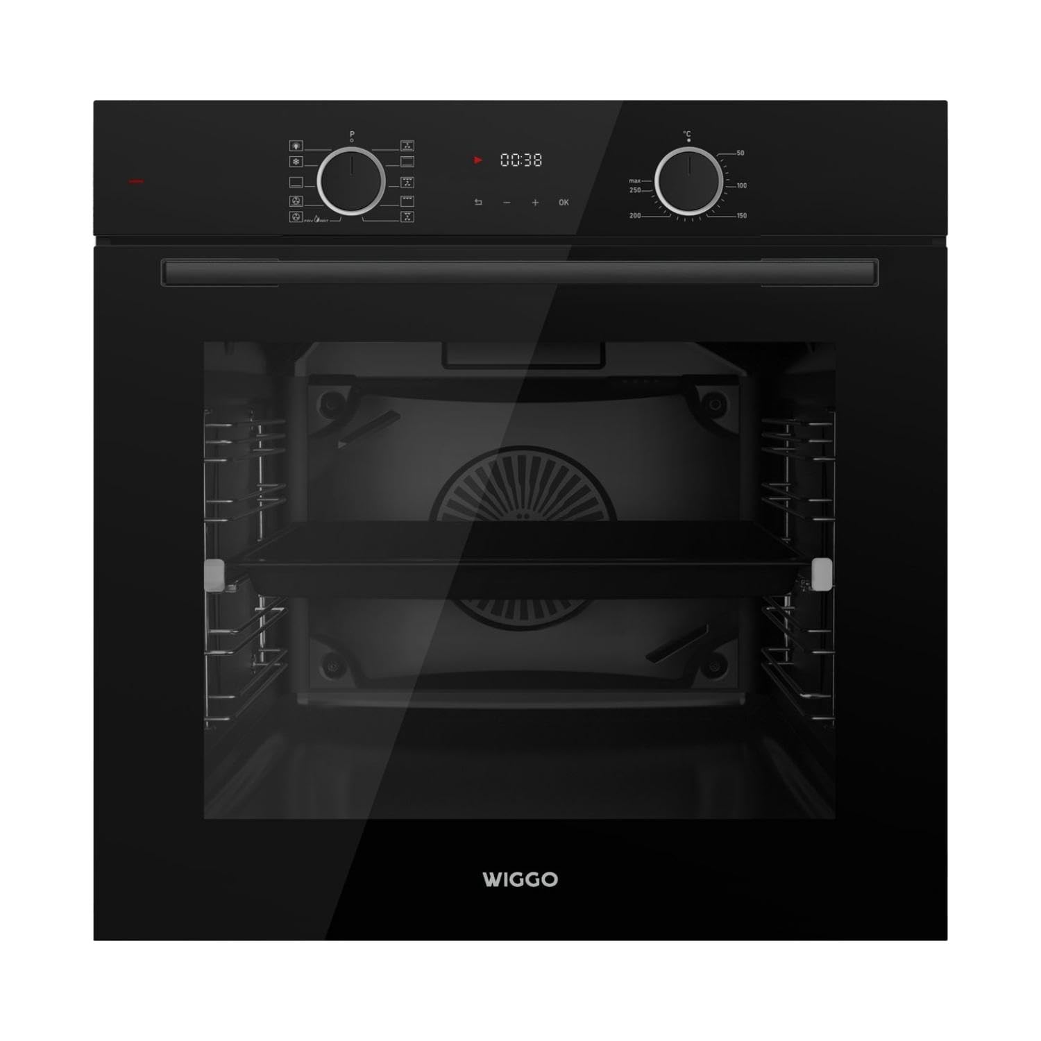 WIGGO Backofen Set Schwarz 60cm 73L mit Teleskopschienen Airfry Selbstreinigung 10 Funktionen Soft-Close Einbaugerät