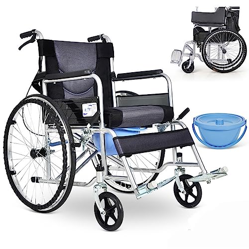 軽量折りたたみ車椅子自走式ポータブル車椅子 患者移送椅子 高齢者障害者の歩行補助、ランニングブレーキ、フットレスト、アームレスト、便器付き