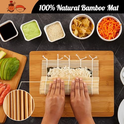 Bamboo Sushi Making Kit, Sushi Maker, 2 Bamboo Makisu Sushi Rolling Mats, 5 Pairs Chopsticks, Sauce Dishes, Rice Paddle, Spreader - Natural Sushi Roller Set for Beginners DIY Sushi at Home - Thumbnail 4
