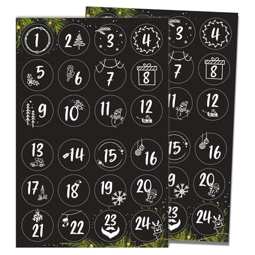 BETESSIN Adventskalender Zahlen Aufkleber Schwarz - 2 Bögen Adventsaufkleber mit Weihnachtsmotiven - Adventskalender Aufkleber 1-24 (4 cm ø)