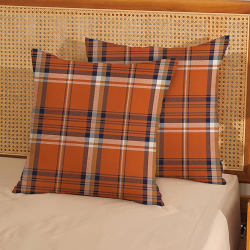 Gohdiwh Fall Plaid Pillow Covers 18x18 Inch Set of 2 Autumn Orange Navy Blue Plaid Decor Throw Pillows Harvest Thanksgiving Farmhouse Decoration Pillowcase Outdoor Cushion Cover for Couch Sofa Bed - Image 3