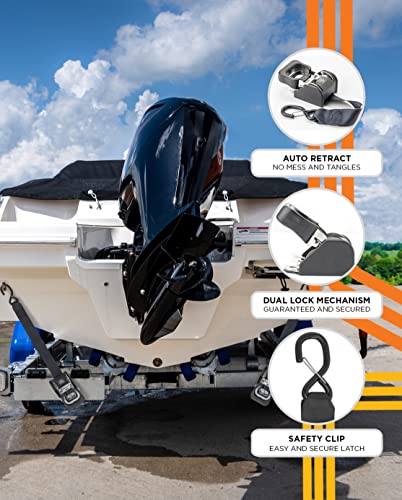 Strapinno 2Pcs Stainless Steel Retractable Ratchet Straps (1 7/8 In X 4 Ft) Transom Tie-Downs For Boat Trailer - Extra Mounting Brackets & Bolt Set, Safety Latch S-Hook, Break Strength 1,650Lbs/750Kg #TOP5