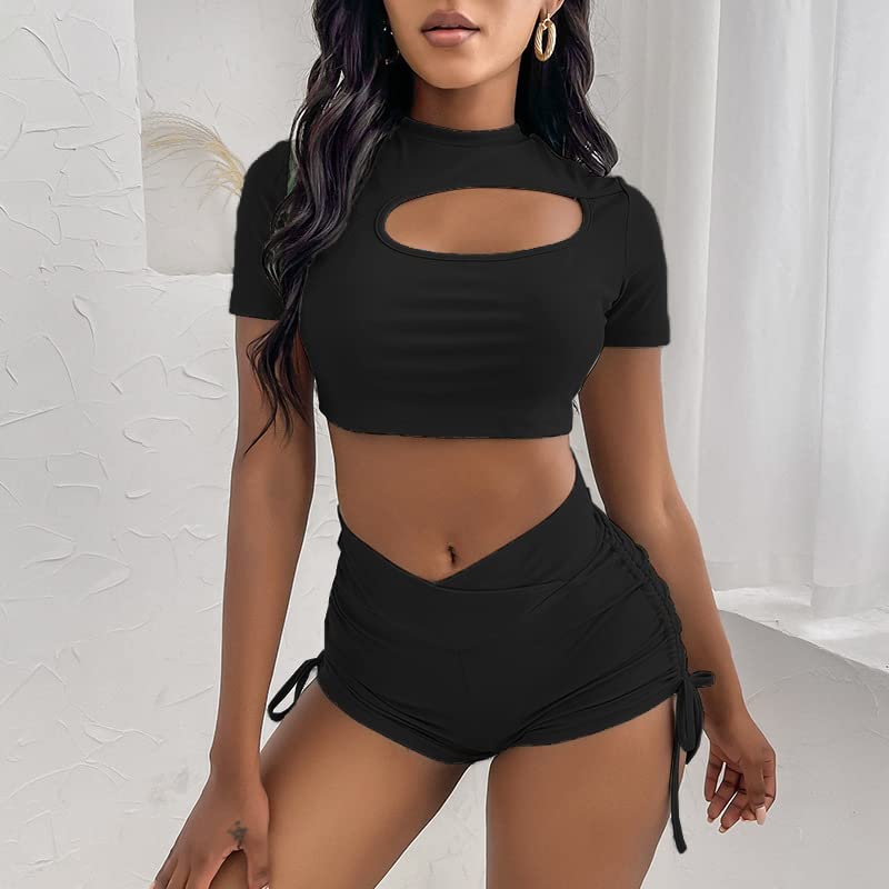 SherryDC Women High Waisted Swim Shorts V Cut Bikini Swimsuit Bottoms Drawstring Ruched Bathing Suit Board Shorts3