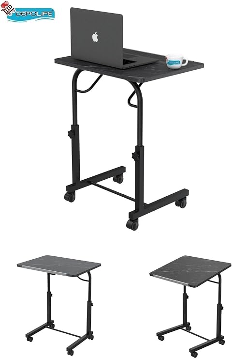 Depolife Slope Height Adjustable Laptop Stand Breakfast Study Computer Desk Metal Foot Wheeled, wheeled-tilted-blackmarble-black