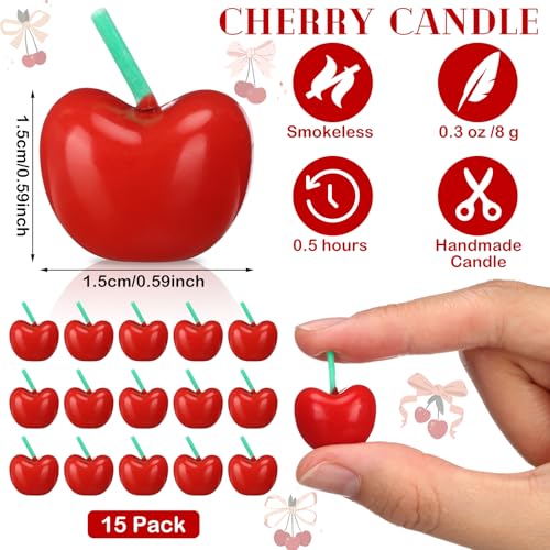 Image of Conelist 15 Pcs Cherry Shaped Birthday Cake Toppers Decor, Red | Cute Fruit Shaped Candles Mini Cherry Cake Decorations Party Favors Soy Wax Cupcake Toppers for Wedding Dessert Table Gifts