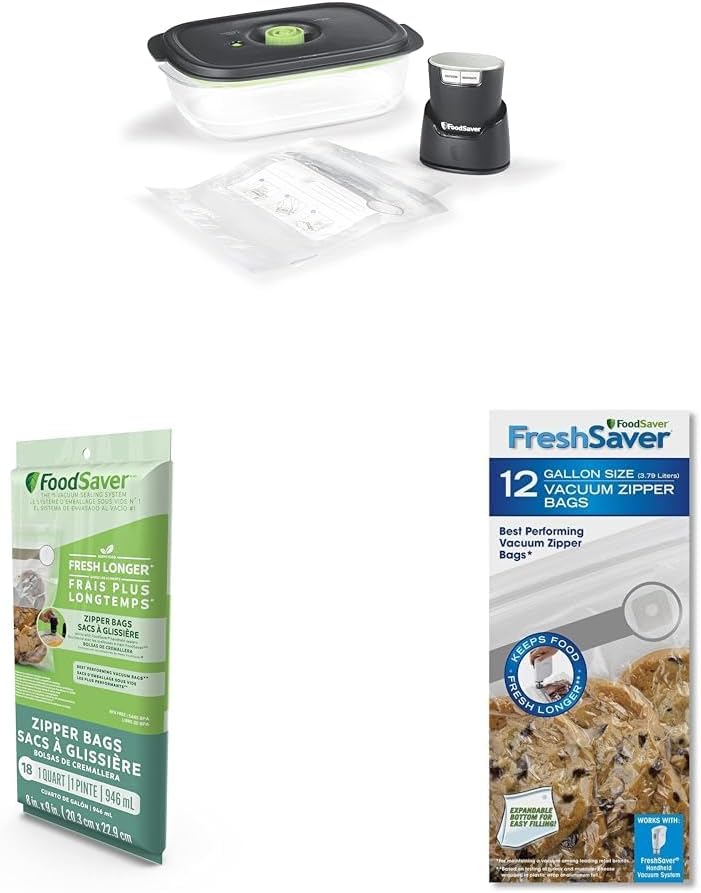 FoodSaver FS2160 Multi-Use Handheld Vacuum Sealer And Marinator, 2146039 & 1-Quart BPA-Free Multilayer Construction Vacuum Zipper Bags, 18 Count & 1-Gallon Vacuum Zipper Bags, 12 Count, Multi
