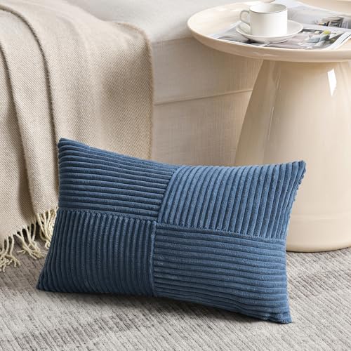 Fancy Homi Dusty Blue Lumbar Decorative Throw Pillow Covers 26x16 Inch for Couch Bed Sofa, Rustic Farmhouse Boho Home Decor, Soft Striped Corduroy Rectangle Accent Cushion Case 40x65 cm