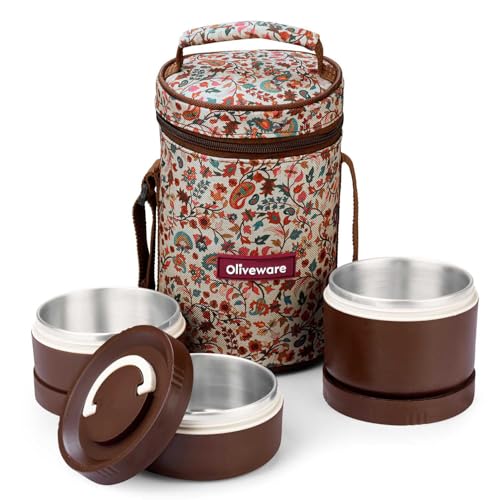 Image of Oliveware Rusty Lunch Box | 2x420ml + 1x600ml Stainless Steel Containers | Leak-Proof, Insulated, BPA-Free, Microwave-Safe | with Premium Carry Bag | Ideal for Office, School & Travel (Off White)