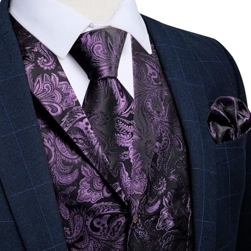 DiBanGu Silk Paisley Vest for Men Wedding Waistcoat and Necktie Bowtie Lapel Pin Set 7PCS Dress Vests for Suit or Tuxedo2