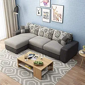 FURNY Berlando 4 Seater Fabric LHS L Shape Sofa Set (Light Grey-Dark Grey)