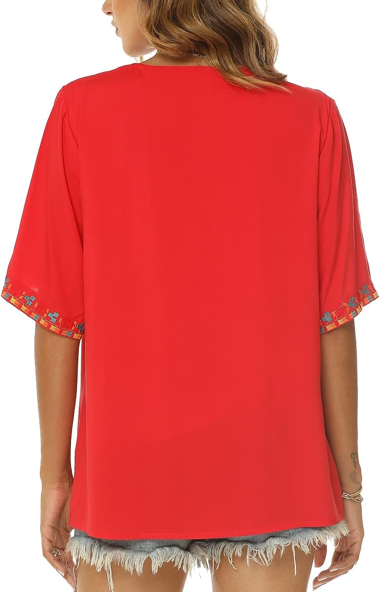 LauraKlein Women’s Mexican Embroidered Tops for Women Boho Blouse for Women Summer Short Sleeve Floral Hippie Shirts Tunics - Image 4