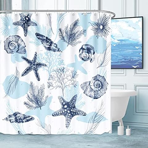 Beach Shower Curtain for Bathroom Blue Coastal Seashell Coral Decorative Shower Curtains Waterproof Fabric Nautical Ocean Themed Shower Curtain Sets for Bathtub Hotel With 12 Hooks,72 x 72 Inch Cover