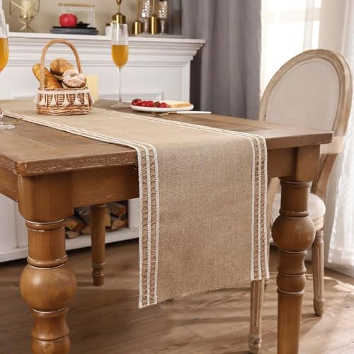 Tosleo Natural Jute Braided Table Runner 13 x 120 inch Long Khaki Farmhouse Table Runner with Beige Lacework for Summer Parties BBQ's Everyday Holidays Rustic Vintage Dining Table Runner(One Piece)