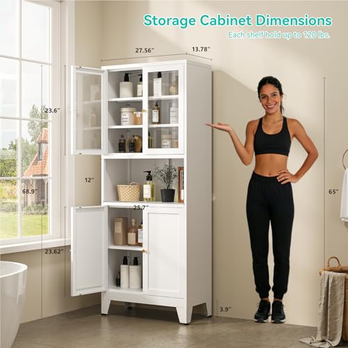 Image of 69 inch Tall Pantry Cabinet with Open Shelf,13.78 inchDeep By 28 inch Wide Storage Cabinet with Glass Doors and Adjustable Shelves,Microwave Stand,for Kitchen Dining Room Bathroom,White,1Pc