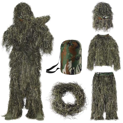 Seeutek 5 in 1 Ghillie Suit - 3D Camouflage Hunting Suits - Jacket, Pants, Hood, Carry Bag for Adults & Youth, M/L/XL/XXL