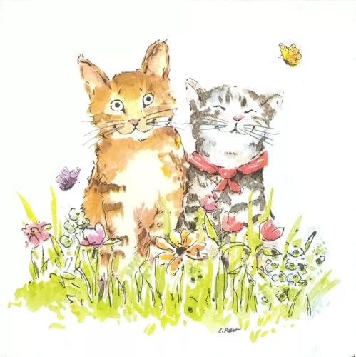 Set of 2 Individual Decoupage Paper Party Napkin Happy Kittens Cats Watercolor Decor Luncheon Napkins for a Birthday Holiday, Wedding, Cocktail Party