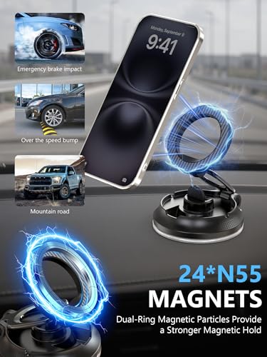 Image of Magnetic Phone Holder for Car [90+LB Strongest Suction&3000gf Strongest Magnetic] 360 Adjustable Vacuum Phone Holders for Your Car, Magsafe Car Mount for iPhone (Black)