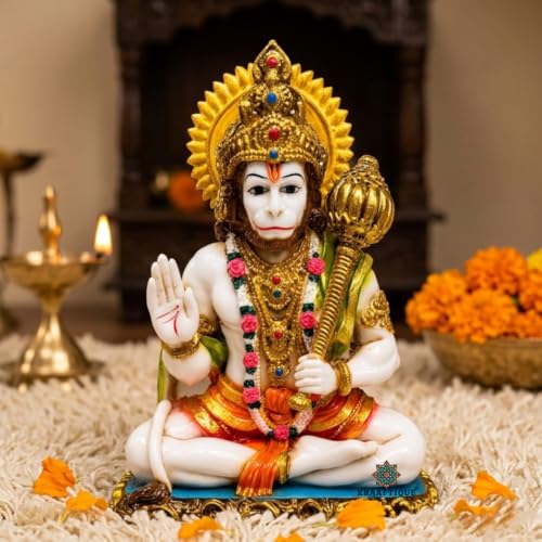 Image of Marble Ashirwad Hanuman Idol with Glossy Finish 6.5 Inch Statue for Home Temple Pooja Room Spiritual Gift