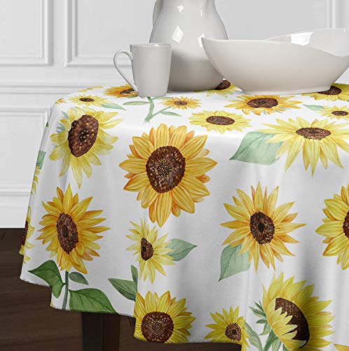 A Luxehome Yellow Green And White Sunflower Boho Floral Flower Watercolor Farmhouse Cover Tabletop Tablecloth Dining Room Kitchen Round 90" #TOP14