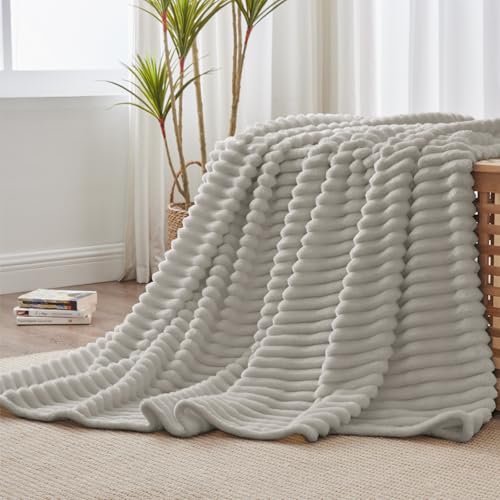 Image of BEDELITE Ribbed Fleece Throw Blanket for Couch, Light Grey, 50 inchx70 inch | Ultra-Soft Plush Fleece, Warm Yet Lightweight, Ribbed Texture, Home Decor, Machine Washable, Giftable, All-Season Use
