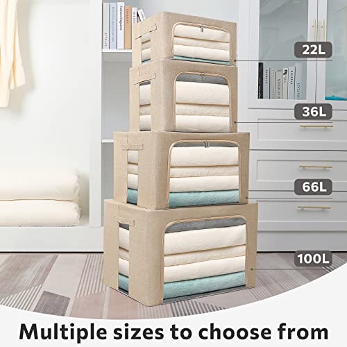 Image of FHSQX 2 Pack Clear Window Storage Bins - Large Stackable Linen Fabric Storage for Clothes Foldable Container Organizer Set with Carrying Handles (Beige, 19.7x 15.7x 12.6 Inch)