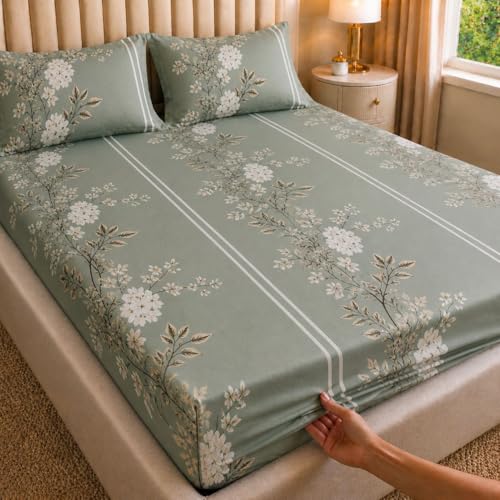 Image of Castiqa Cotton Feels All Over Elastic Fitted Bedsheet Set with 2 Matching Pillow Covers Queen Size 60x78 Light Green