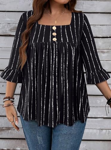 Plus Size Womens Blouses 3/4 Flutter Sleeve Square Neck Tunic Shirts Button Business Work Fall Tops 2025(XL-5XL)