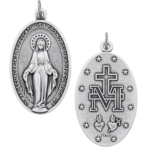 10 Pack Large Latin Miraculous Medal 1.75" - Traditional Catholic Gift For Men - Silver-Plated Made In Italy2