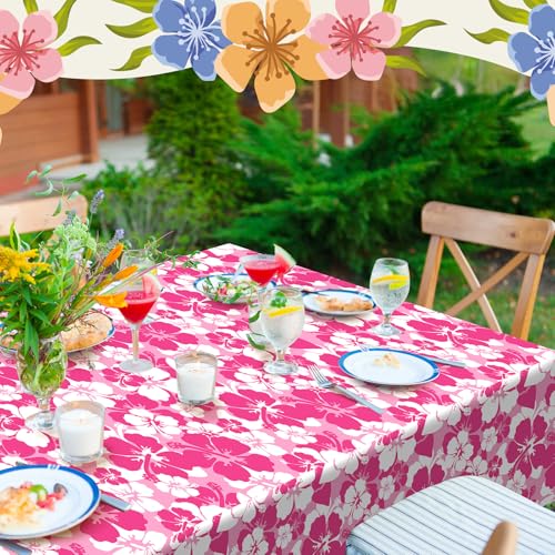 Image of Nitial 6 Pcs Hawaiian Hibiscus Party Tablecloths Plastic Disposable Luau Table Covers for Tropical Luau Bar Party Supplies Summer Beach Pool Birthday Decorations, 108 x 54 Inch