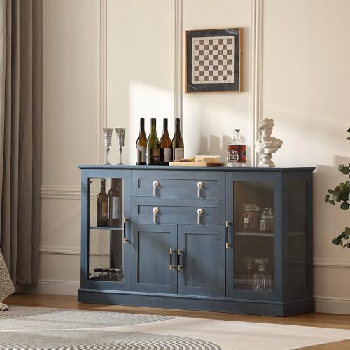 FOREST GRAVITY 58.27'' Buffet Cabinet with 2 Drawers,LED and Adjustable Shelves,Large Glass Door Coffee Bar Cabinet with Storage,Modern Farmhouse Sideboard Credenza with Golden Handles,Blue