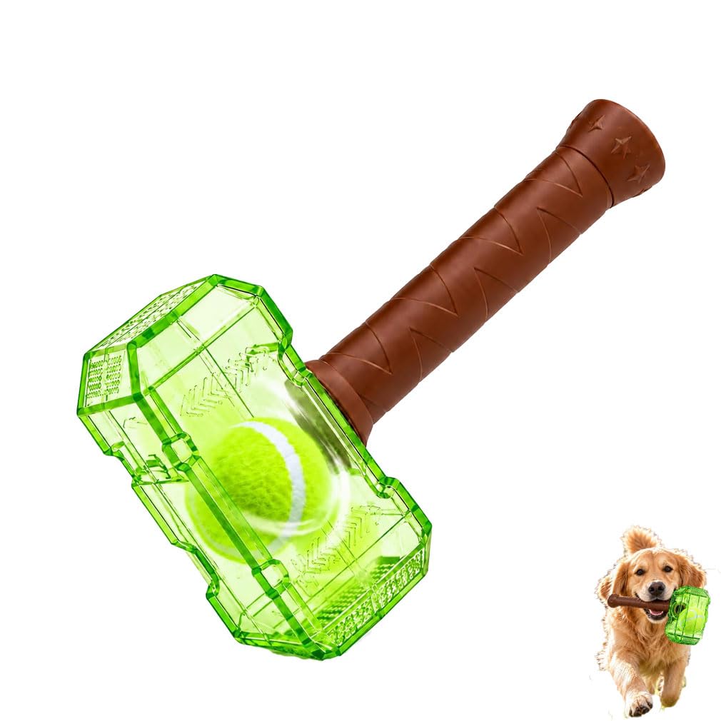 Dog Toy Hammer Tennis Ball, Squeaky Chew Fetch Toy, Interactive Squeaky for Dogs, TPR Rubber Bottle Toy with Ball, Squeaky Teething Chew Toy, Interactive Hammer Dog Toys for Medium & Large Dogs，Green