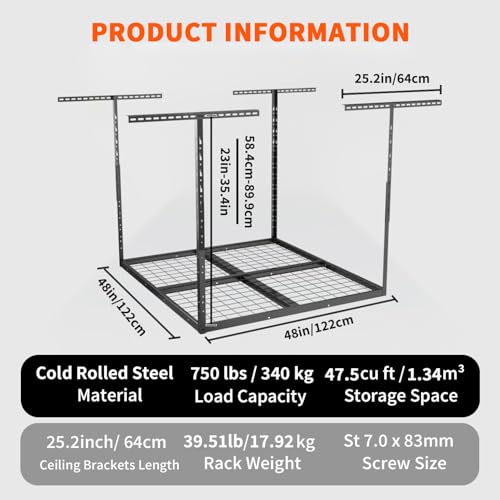 Wallavant-4x4-FT-Overhead-Garage-Storage-Rack-Heavy-Duty-Ceiling-Mount-Garage-Organization-System-Adjustable-Drop-Down-Metal-Shelving-Industrial-Grade-750-LBS-Capacity-Black