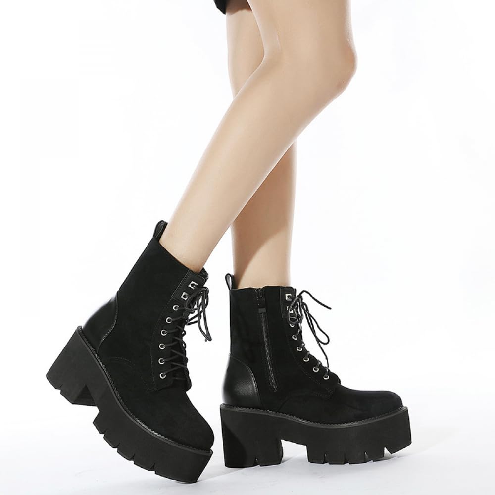 PROMI High Heels Hohe Absätze Dicker Boden Schnürstiefel Seite Reißverschluss Schuhe