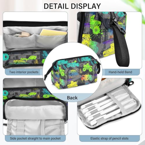 Image of Monster Trucks Print Pencil Case Pouch Big Capacity Pencil Bag Box Organizer Pen Case with Compartmens Stationery Organizer for Girls Boys Women School College Office