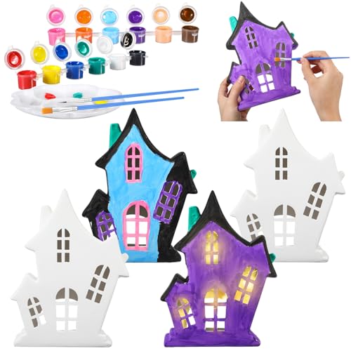 Beeveer 9 Pcs Halloween Haunted House Ceramics to Paint 7.87 x 5.71 x 2.76 Inches Ready to Paint Your Own Ceramic Include 4 Unpainted Halloween Haunted Houses 2 Strips of Paints 2 Brushes 1 Palette