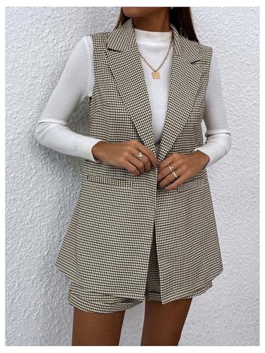 MakeMeChic Women's 2 Piece Outfit Gingham Print Lapel Neck Button Front Blazer Vest and Shorts Business Suit Set3