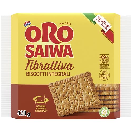 Oro Saiwa Fibrattiva, Biscotti Integrali con 15% di Fibre, 100% Grano Italiano, Consigliato per la Regolarità Intestinale, 420g