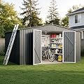 12 x 10FT Sheds & Outdoor Storage, Dark Grey Metal Waterproof Storage Shed with Door and Lock Outdoor Shed,All-Weather Shelter for Bike, Gardening Tools, Lawn Mowers
