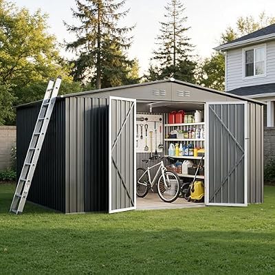 12 x 10FT Sheds & Outdoor Storage, Dark Grey Metal Waterproof Storage Shed with Door and Lock Outdoor Shed,All-Weather Shelter for Bike, Gardening Tools, Lawn Mowers