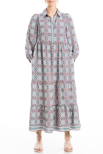Max Studio Women's 3/4 Sleeve Collar Button Front Tiered Maxi Dress, Teal/Terra Small Ornament Tile Panel at Amazon Women's Clothing store