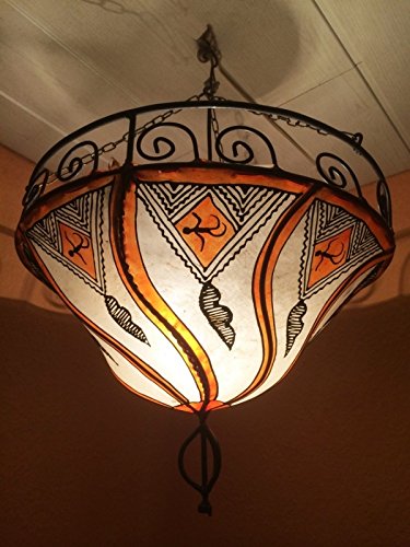 Preisvergleich Produktbild Orientalische Lampe Pendelleuchte Hängeleuchte Fatinah Natur 40cm / Marokkanische Lederlampe Hennalampe Leuchte mit Henna / Orient Lampen für Wohnzimmer Küche oder Hängend über den Esstisch
