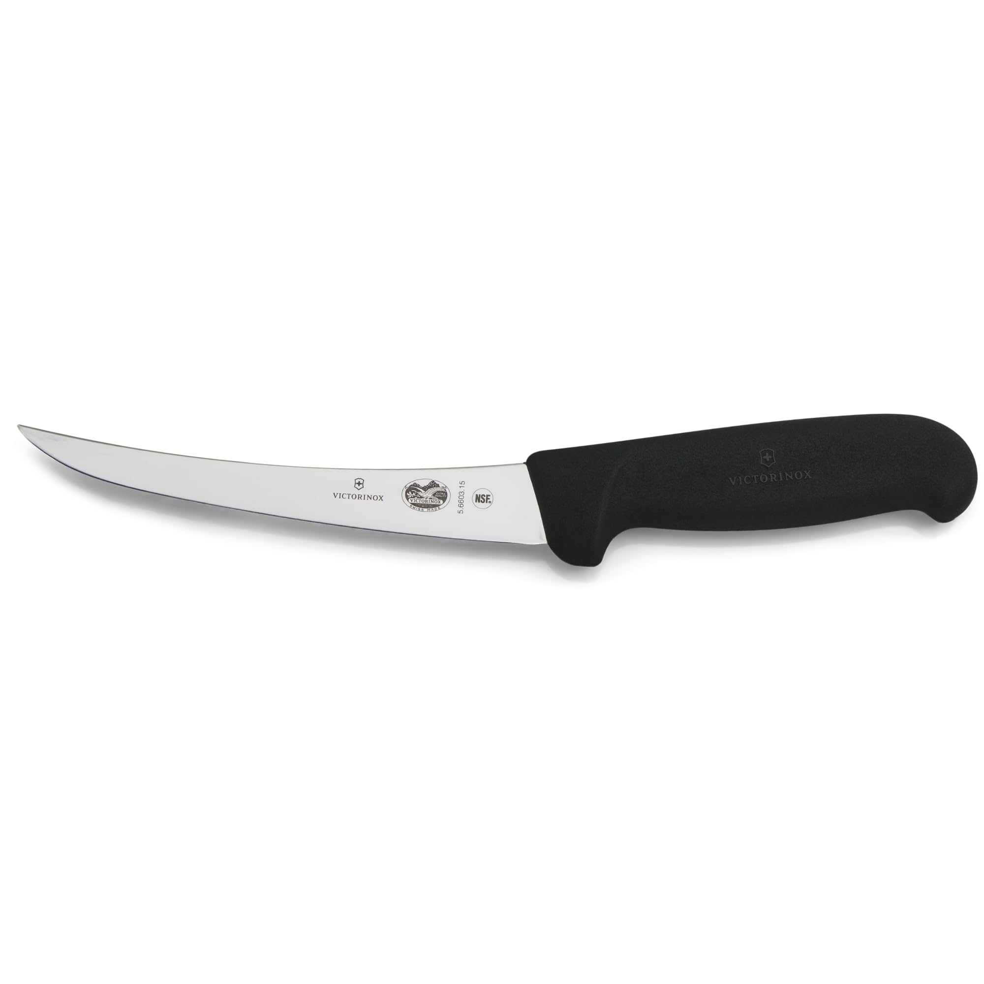 Victorinox Fibrox Ausbeinmesser, Scharfes Küchenmesser für Fleisch und Geflügel, 15 cm, Gebogene Klinge, Steif, HACCP geeignet, Rutschfest, Schwarz