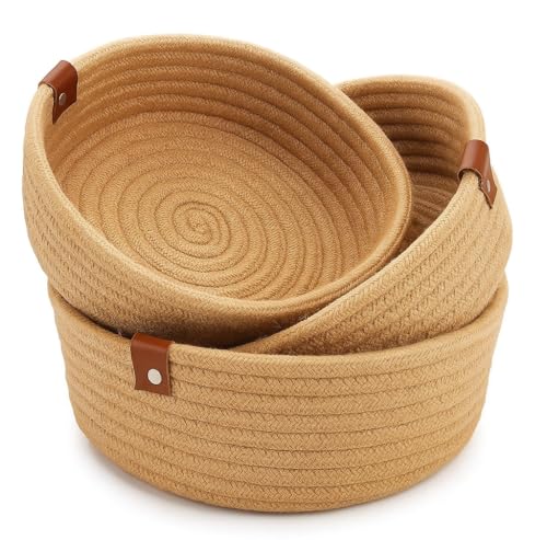 Image of 100% Natural Jute small box mini rope paper storage Round hamper baby nursery tray bucket for Living Kitchen, Drawing Room,fruits, kitchen, office, (beige bowl)