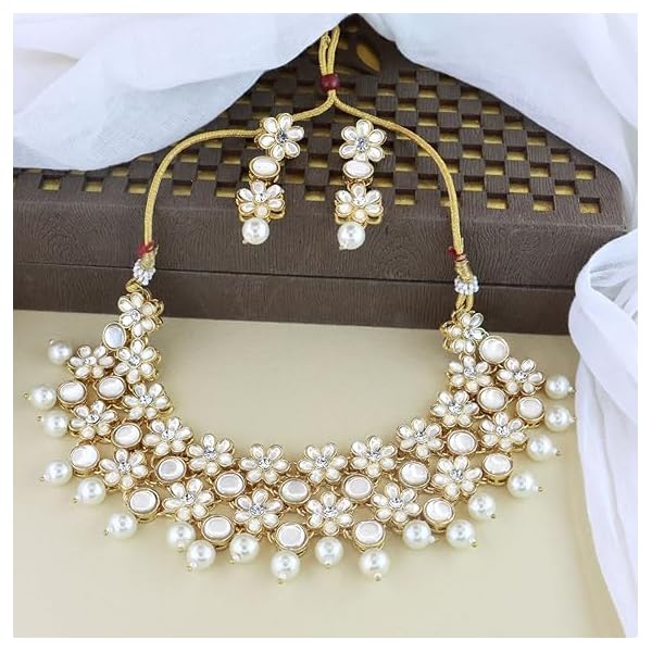 Fashion Women Gold Plated Traditional Kundan Studded Bridal Choker Necklace And Drop Earrings Jewellery Set For Women/Girls (K78) Colour White - Image 3