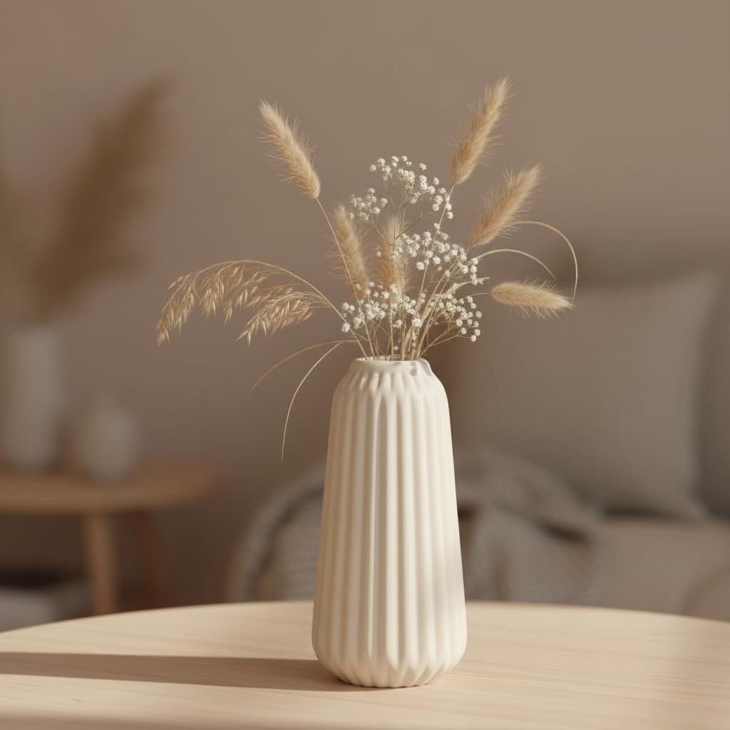 PUREZENTO ' Ivora Ribbed' White Ceramic Vase 6.5 Inches - Pack of 1 | Matte Finish Vase for Living Room, Bedroom, Office & Table Decor | Modern Decorative Vases for Dried Flowers & Pampas Grass-picture-36