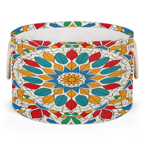 Large Collapsible Blanket Storage Basket for Gifts Empty, Boho Mandala Round Fabric Laundry Hamper Basket, Baby Dog Toy Bins with Handle, Closet Organizer for Living Room(A-596)