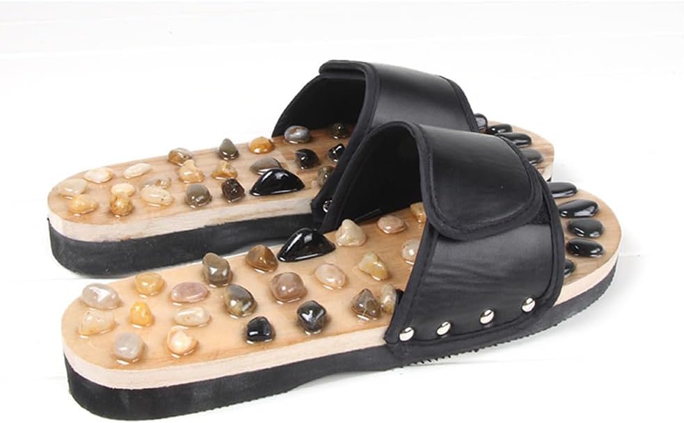 Reflexology Foot Massager Slipper Acupuncture Massage Sandals with Natural Stones Acupoint Massage Shiatsu for Foot Pain Relief Suit for Men and Women (S) Black